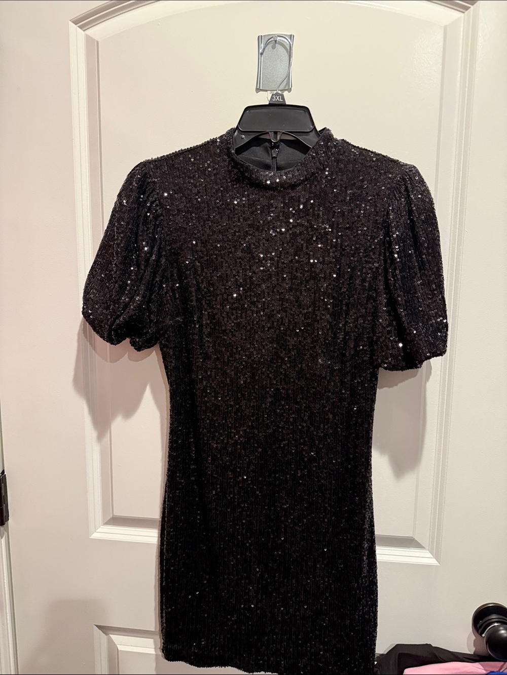 Express Black Sequin Puff-Sleeve Mini Dress
